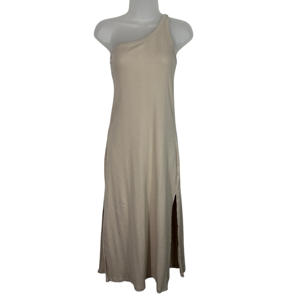 Aerie Beige Tan One Shoulder Strap Midi Length Ribbed Stretch Dress Medium M